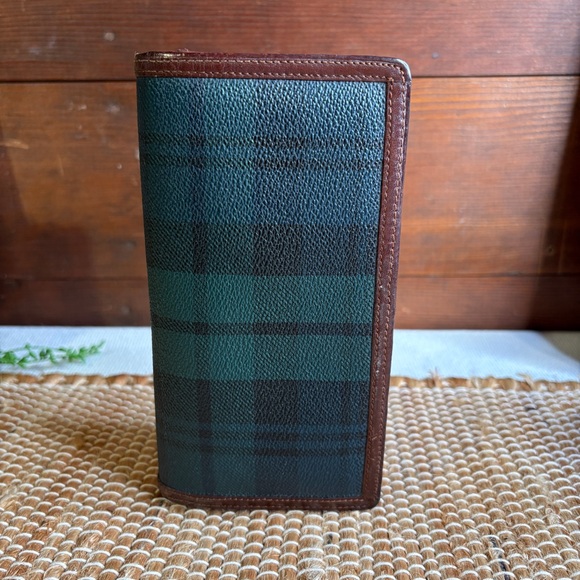 Polo Ralph Lauren Handbags - Vintage POLO Ralph Lauren Green Blue Plaid Bifold Leather Wallet With Brown Trim